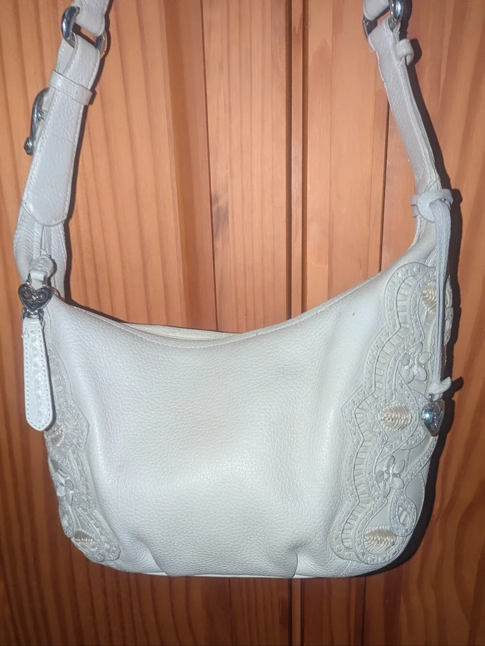Brighton Off White Nikki Leather Shoulder Bag with Floral  Applique Heart Charm